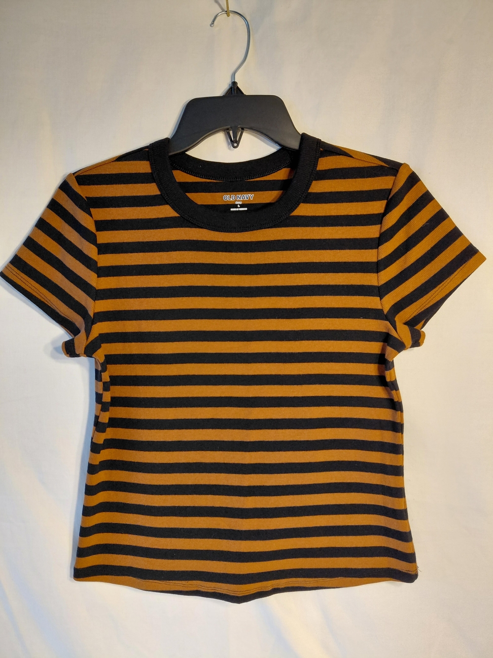 Old Navy Short Sleeve Snug Fit Black and Brown Striped Short Sleeve Sweater